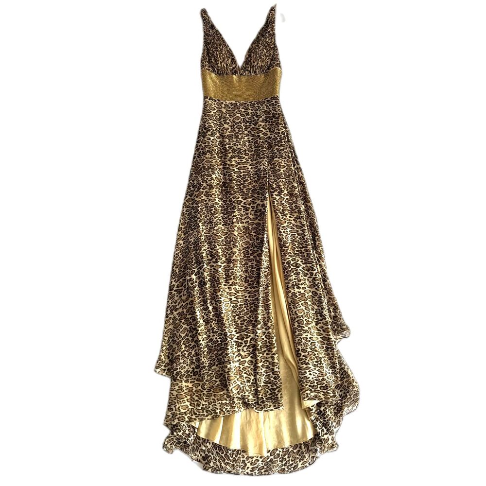 10313 Size 4 Sherri Hill leopard print beaded belt slit train gown plunging neck
